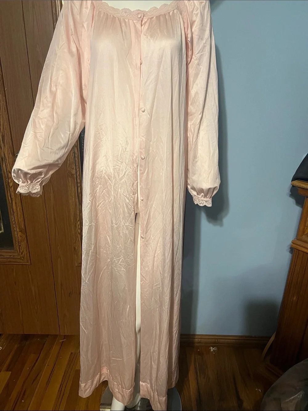 Olga Peach Long Satin Button-Front Nightgown with Lace Trim